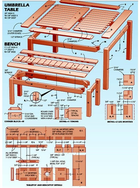 Diagram plan of Outdoor Umbrella Table in Teds Woodworking